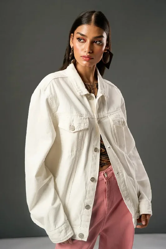 Jackets With Double-Breasted Design-Crystal White Women's Denim Trucker Jacket