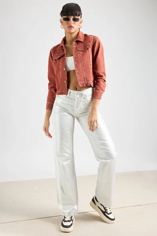 Jackets With Crop Top Style-Rustic Red Denim Jacket