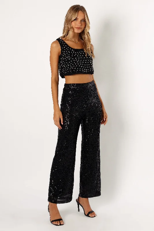 Pants For Travel-Lilianna Sequin Flare Pant - Black