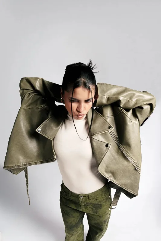 Jackets With Water Resistance-Olive Luxe Leather Biker Jacket