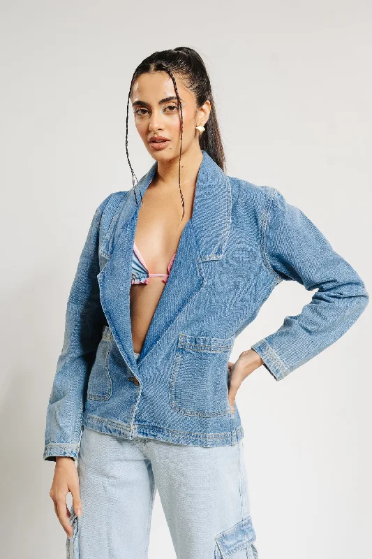 Jackets With Windproof Material-Single Breasted Denim Blazer