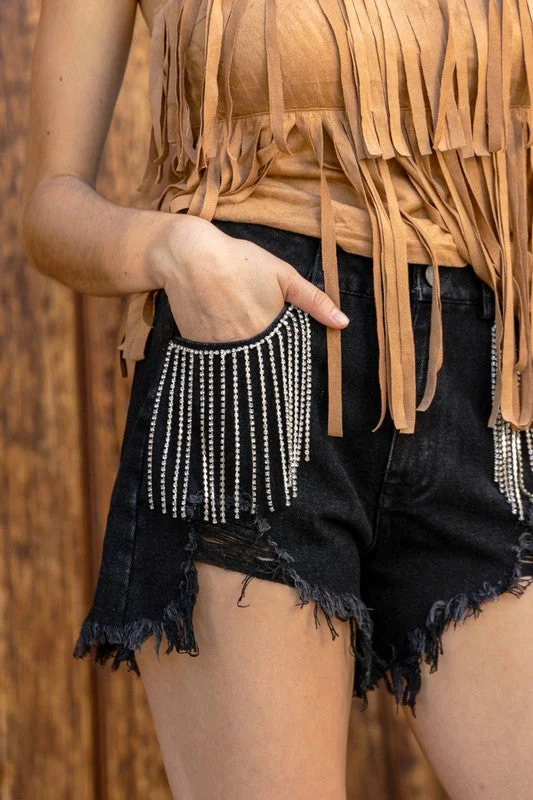 Shorts With Tie-Dye Design-Presley Rhinestone Denim Shorts- Black