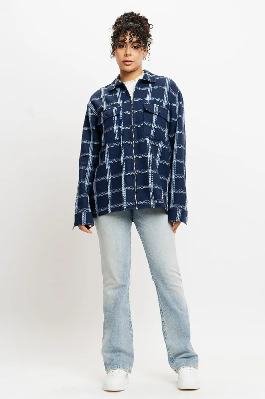 Jackets With Abstract Print-Navy Checks Women's Shacket