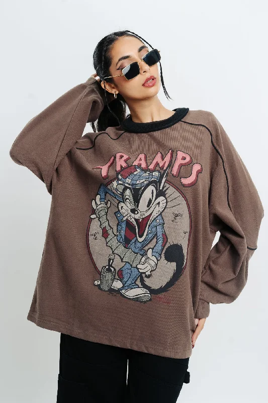 Jackets For Festival Wear-Brown Graphic Oversized Sweatshirt