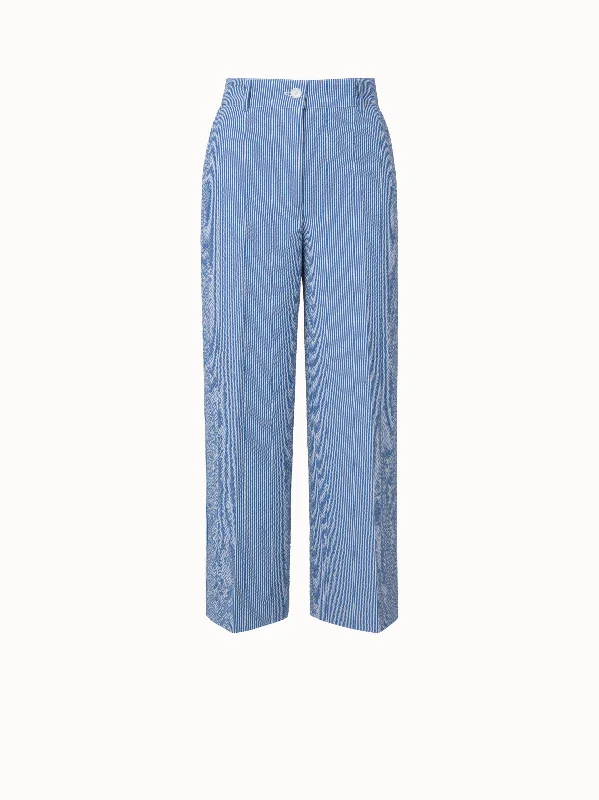 Pants With Retro Style-Chiara Cotton Stretch Seersucker Cropped Wide Leg Pants