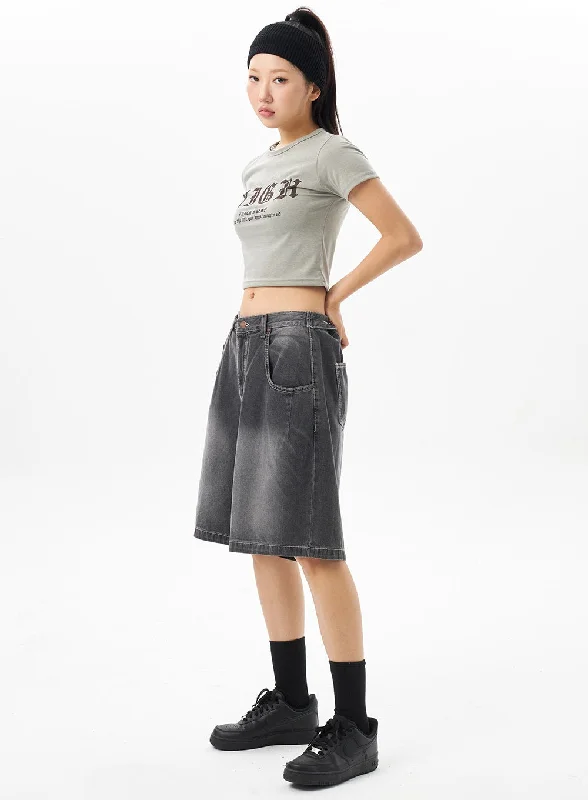 Shorts With High Waist-Denim Wide Bermuda Pants CU316