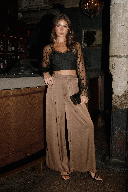 Pants For Streetwear-Wellington Wide Leg Satin Pant - Mocha