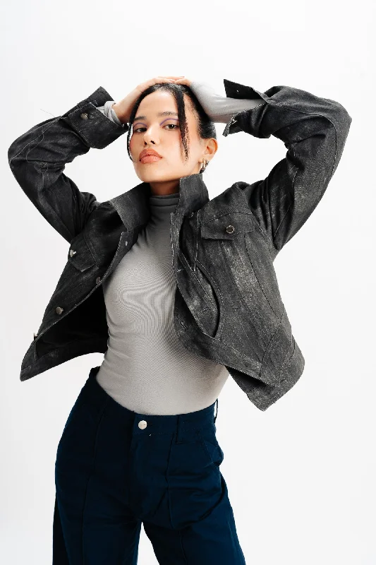 Jackets With Belted Waist-Black Spread Collar Denim Jacket