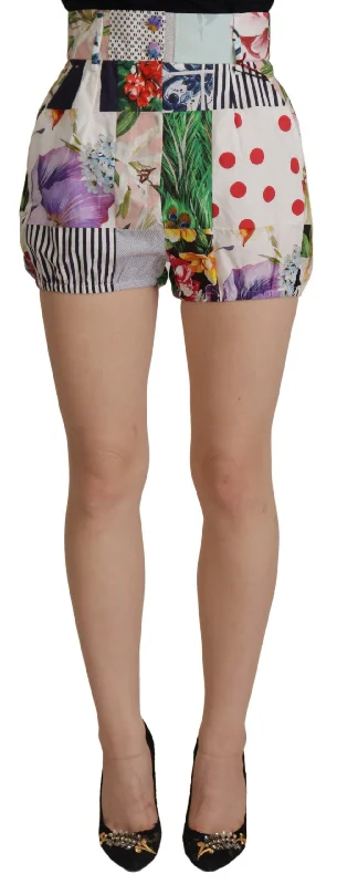 Shorts For Sleepwear-Dolce & Gabbana Patchwork High Waist Designer Women's Shorts