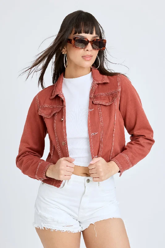 Jackets With Silk Blend-Brick Contrast Denim Jacket