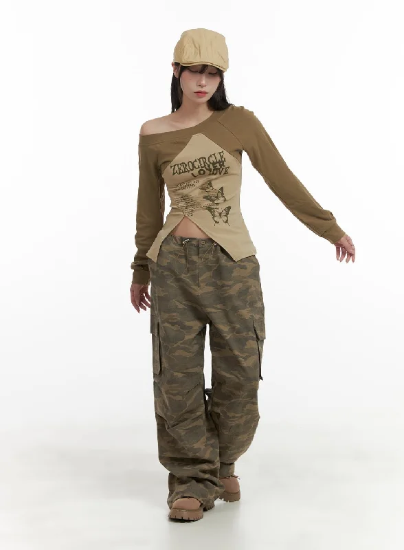 Pants For Business Casual-String Waist Camo Cargo Pants CA430