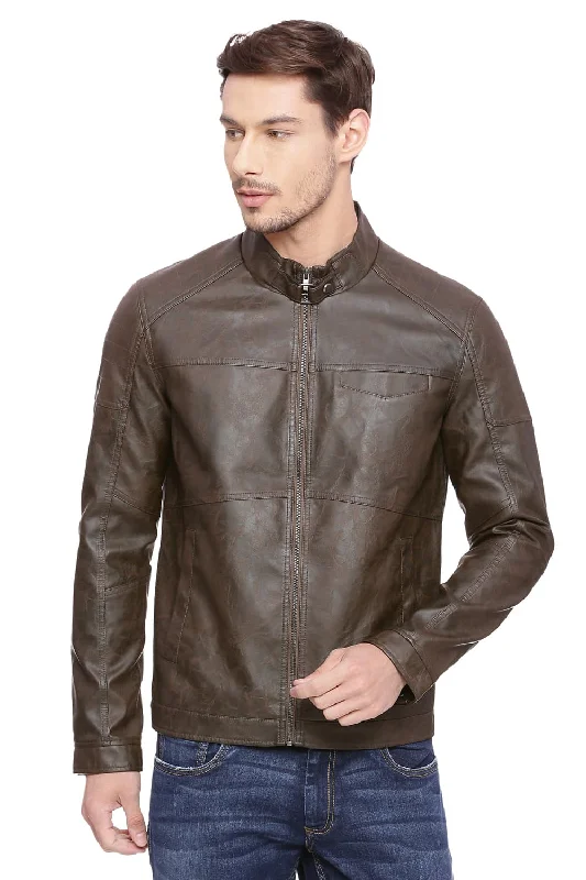 Jackets With Distressed Look-Comfort Fit Faux Leather Jacket