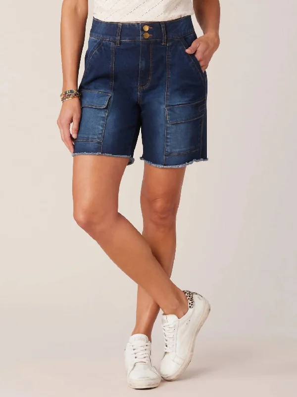 Shorts For Nurses-Double Button Cargo Short In Denim Blue