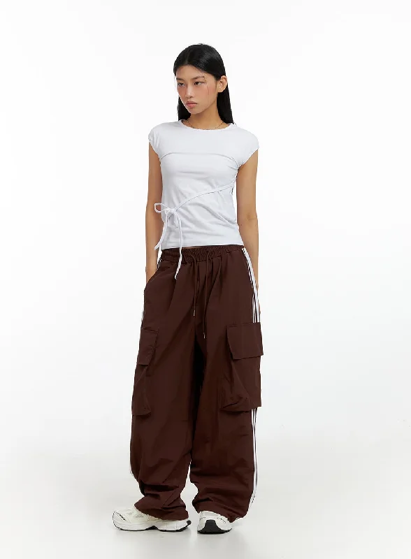 Pants With Elastic Waist-Nylon Cargo String Track Pants IL419