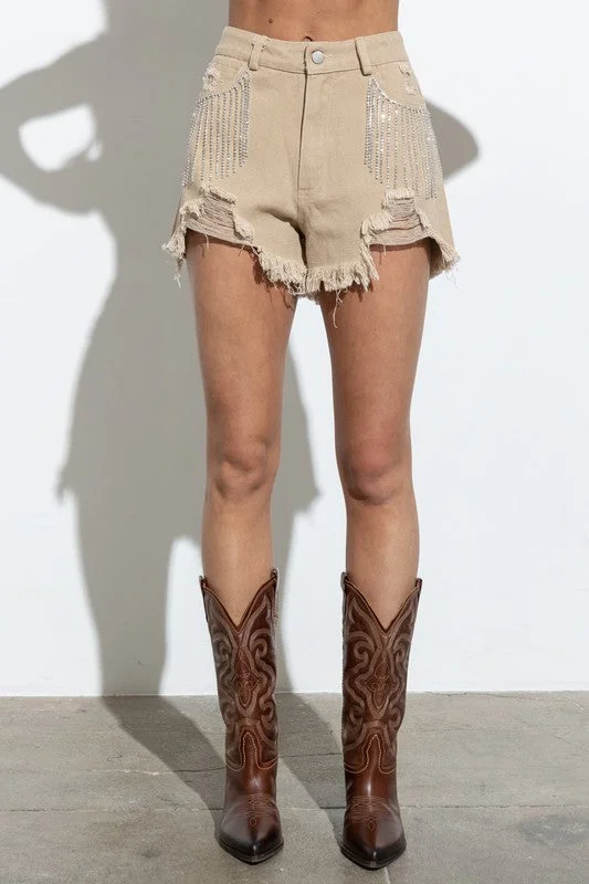 Shorts With Low Rise-Presley Rhinestone Denim Shorts- Taupe