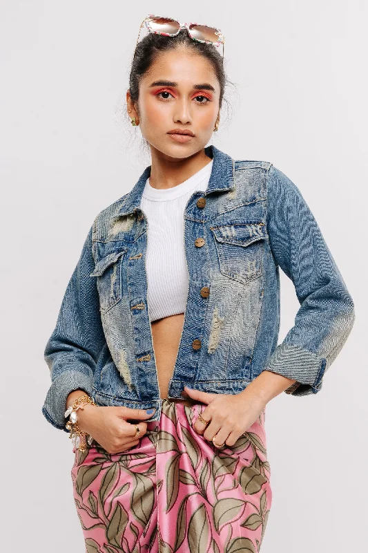 Jackets With Bold Graphics-Classic Ripped Indigo Denim Jacket