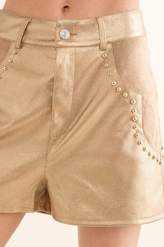 Shorts For Beach-Brandy Faux Leather Shorts  - Gold