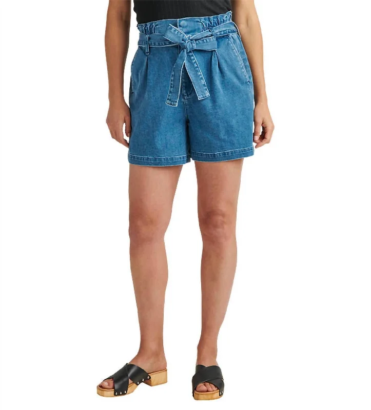 Shorts For Motorcycle Riders-High Rise Belted Pleated Paperbag Short In Blue Nova