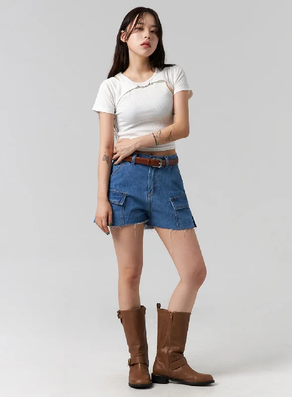 Shorts For Petite Women-Cut Out Denim Shorts CG316