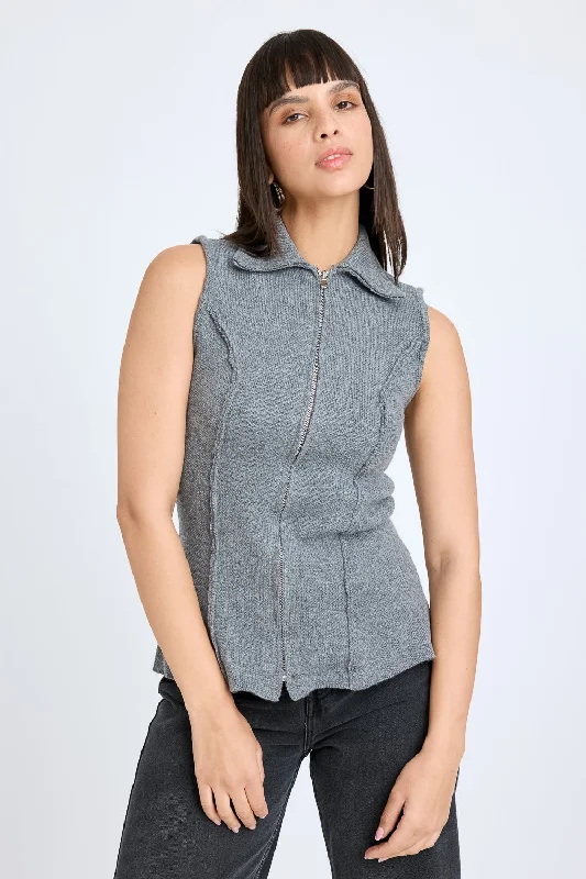 Jackets For Skateboarding-Grey Sleeveless Collared Jacket