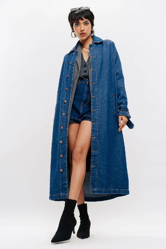 Jackets With Thermal Protection-Classic Denim Trench Coat