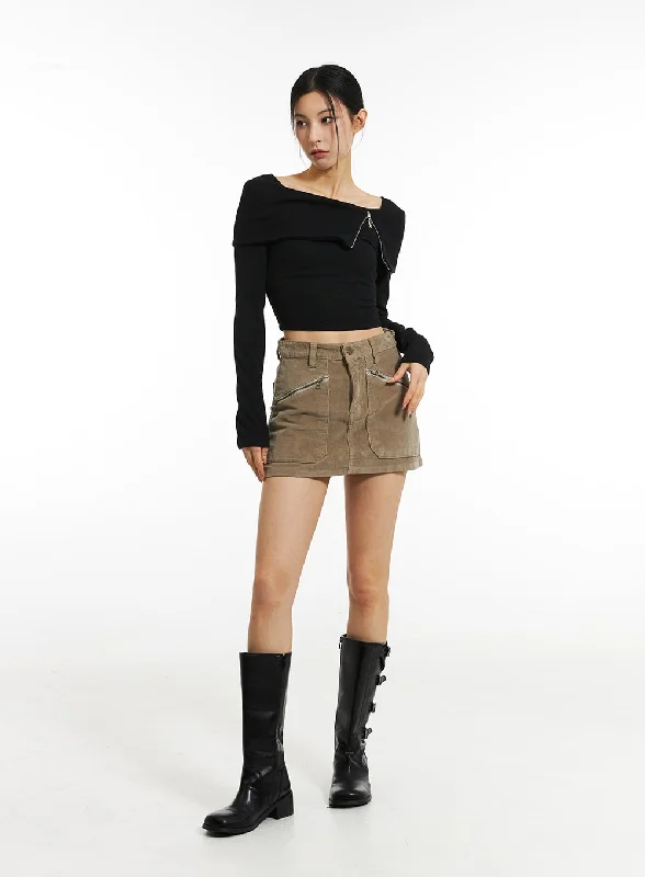 Shorts With Frayed Hem-Corduroy Front Pocket Skorts IN308