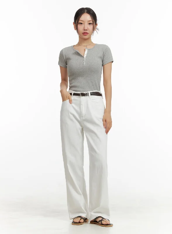 Pants With Button Closure-Solid Summer Straight Fit Pants OU411