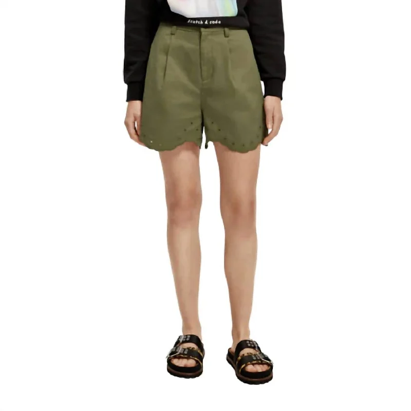 Shorts With Zipper-Embroidered Shorts In Olive