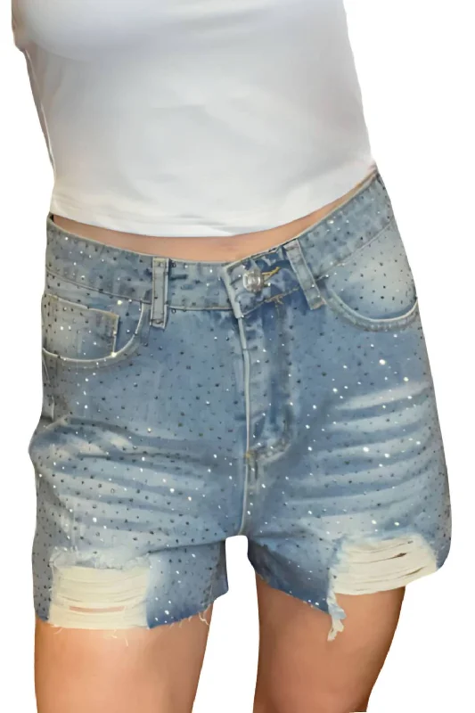 Shorts With Pockets-Rhinestones Short In Denim