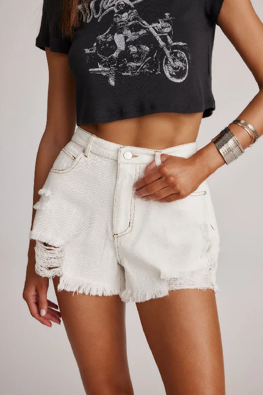 Shorts With Linen Blend-Nirvana White Denim Distressed Shorts