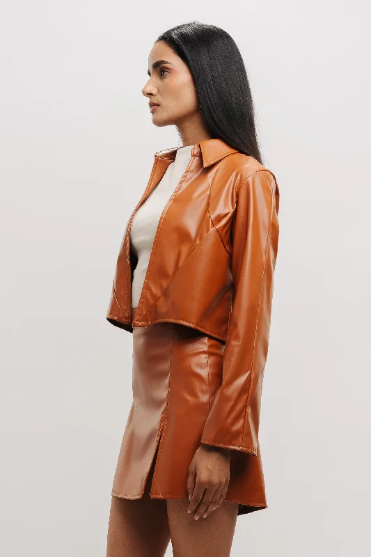 Jackets For Farmers-Tan Leather Crop Shacket