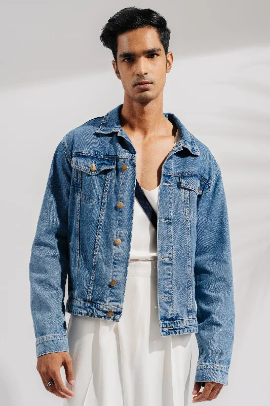 Jackets With Denim Material-Light Blue Towel Basic Men's Jacket