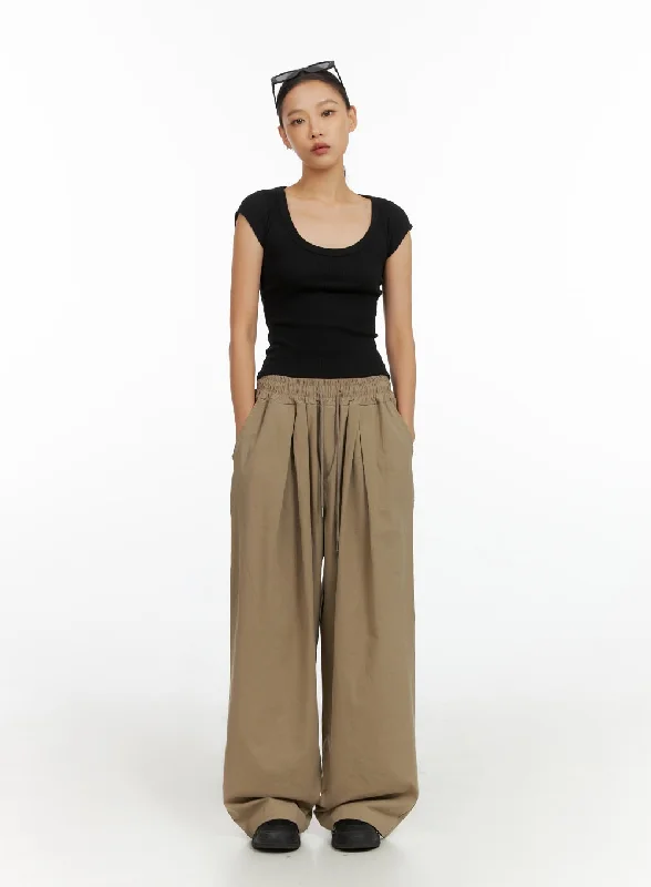 Pants With Embroidered Details-Banded Wide Leg Trousers IL409