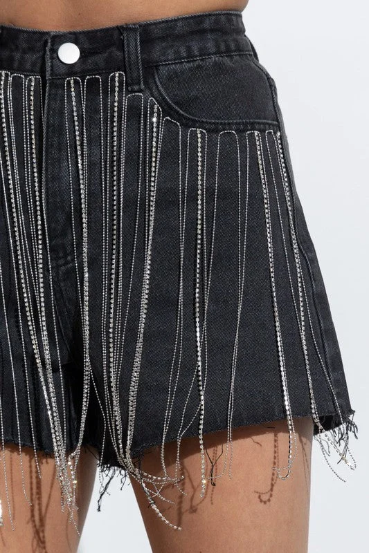 Shorts With High Waist-Wild West Rhinestone Fringe Shorts-Black