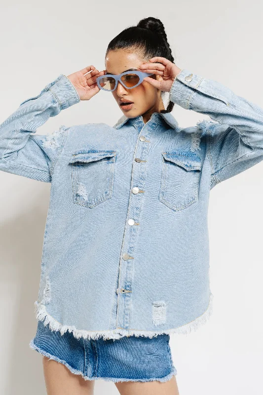 Jackets With Belted Waist-Oversized Distressed Denim Shacket