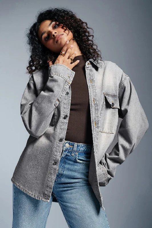 Jackets With Acid Wash-Cloudy Grey Women's Denim Jacket