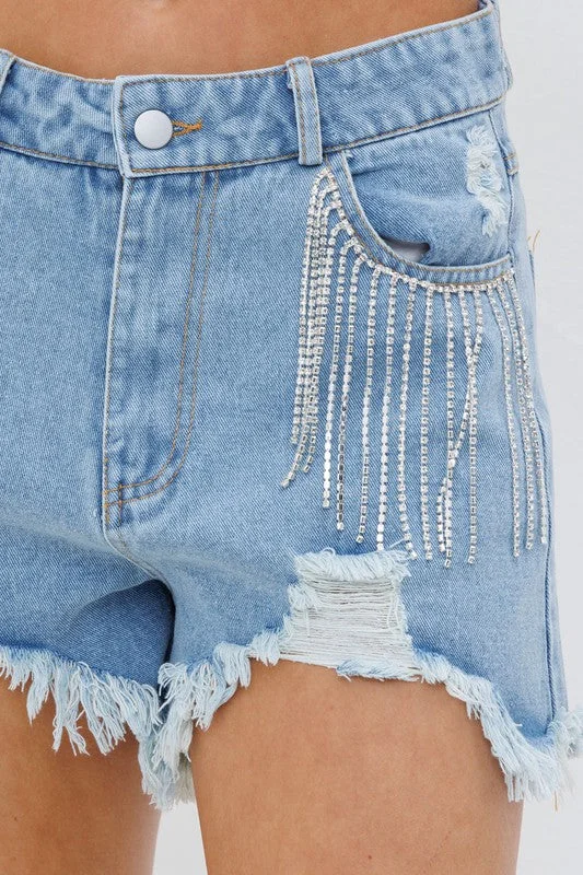 Shorts For Gym-Presley Rhinestone Denim Shorts- Denim