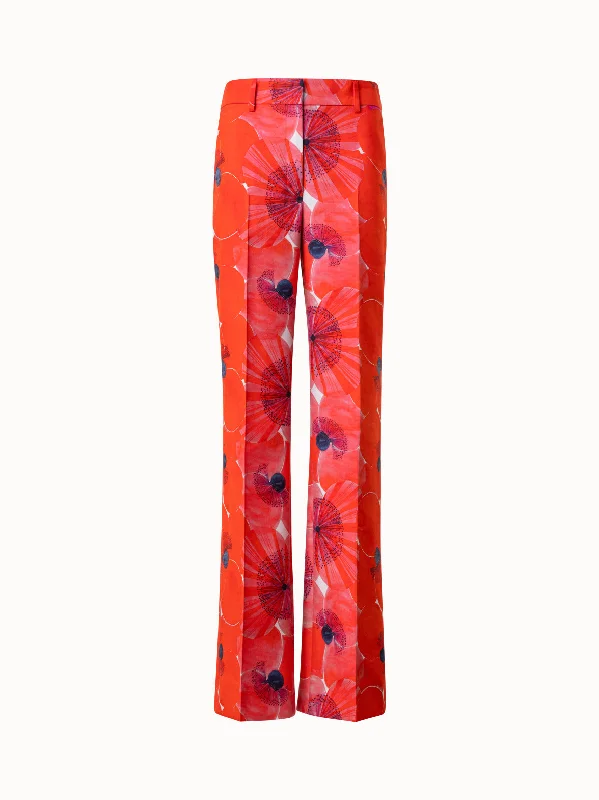 Pants For Golf-Cotton Silk Double-Face Wide Leg Pants with Poppy Print