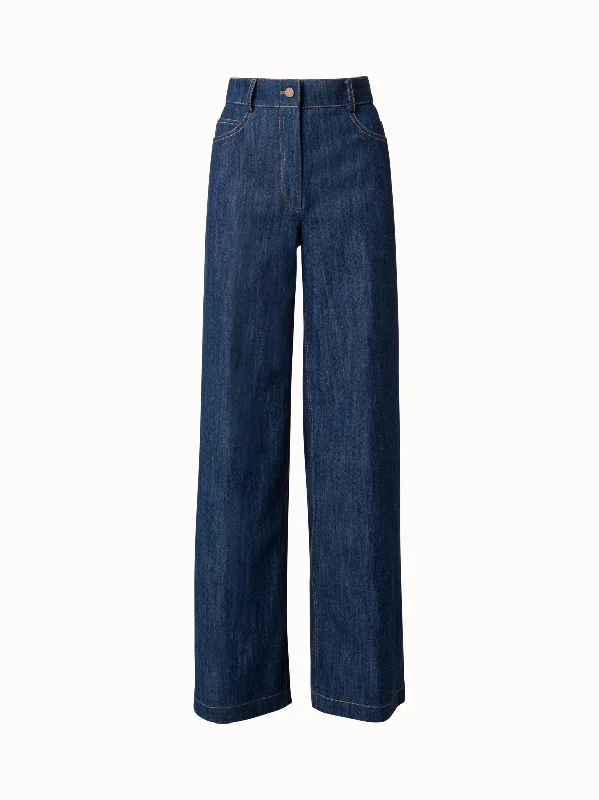 Pants With Sports Team Logos-Wide Leg Pants in Cotton Stretch Denim