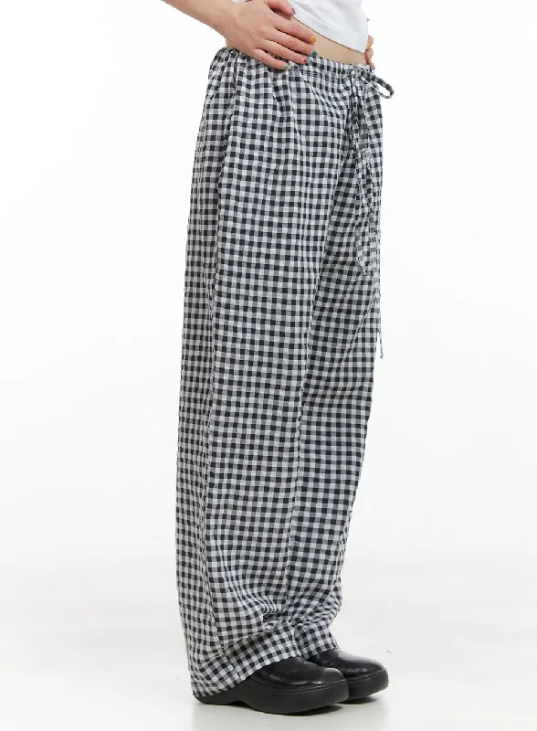 Pants For Ranchers-Checkered Banded Cotton Wide Leg Pants CG408