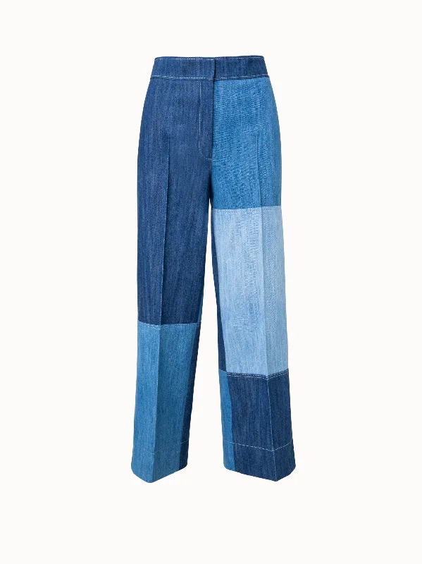 Pants With Embroidered Details-Chieko Cropped Wide Leg Denim Patchwork Pants