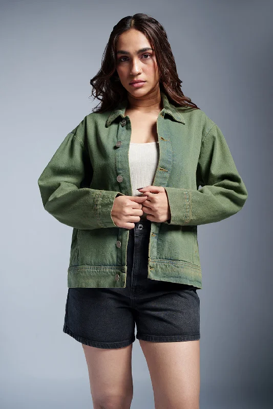 Jackets With Animal Prints-Mossy Mint Denim Jacket