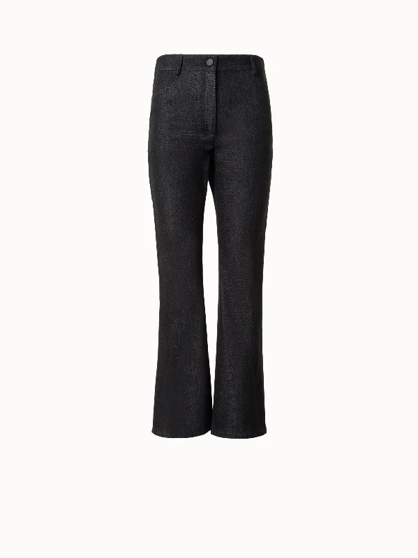 Pants With Pockets-Cropped Cotton Denim Flared Pants