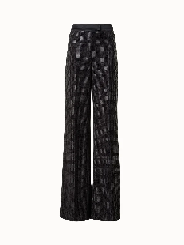 Pants With Side Zippers-Wide Leg High-Waist Pants with Techno Grid Embroidery