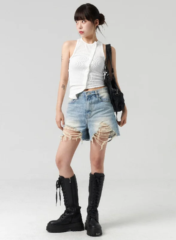 Shorts For Party Wear-Light Ripped Denim Shorts CL318