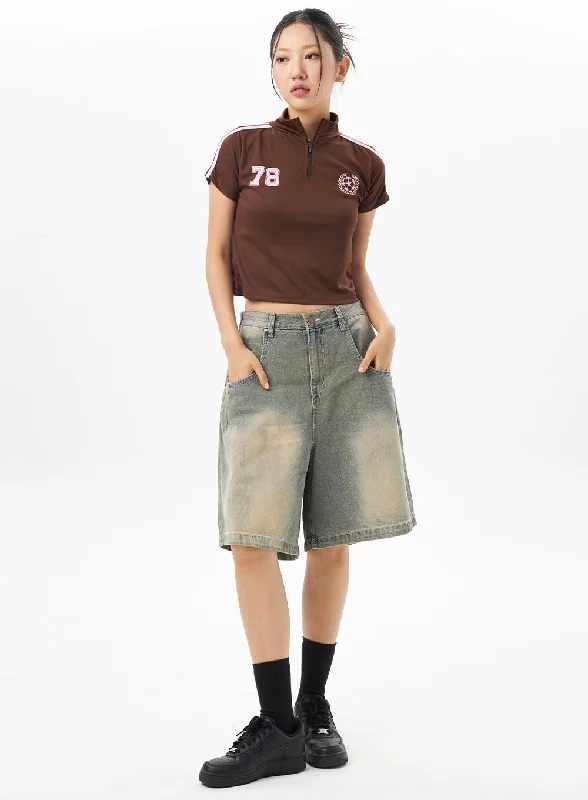 Shorts With Cuffed Hem-Low Rise Denim Bermuda Pants CU316