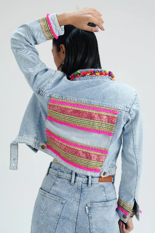 Jackets With Custom Logo-Patola Crop Denim Jacket