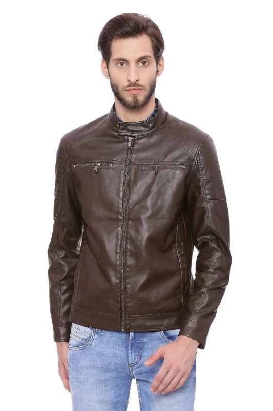 Jackets With Brand Logos-Comfort Fit Faux Leather Jacket