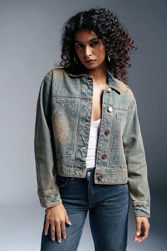 Jackets With Belted Waist-Retro Trail Denim Carpenter Jacket