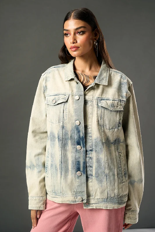 Jackets With Leather Fabric-Waves of Blue Denim Trucker Jacket